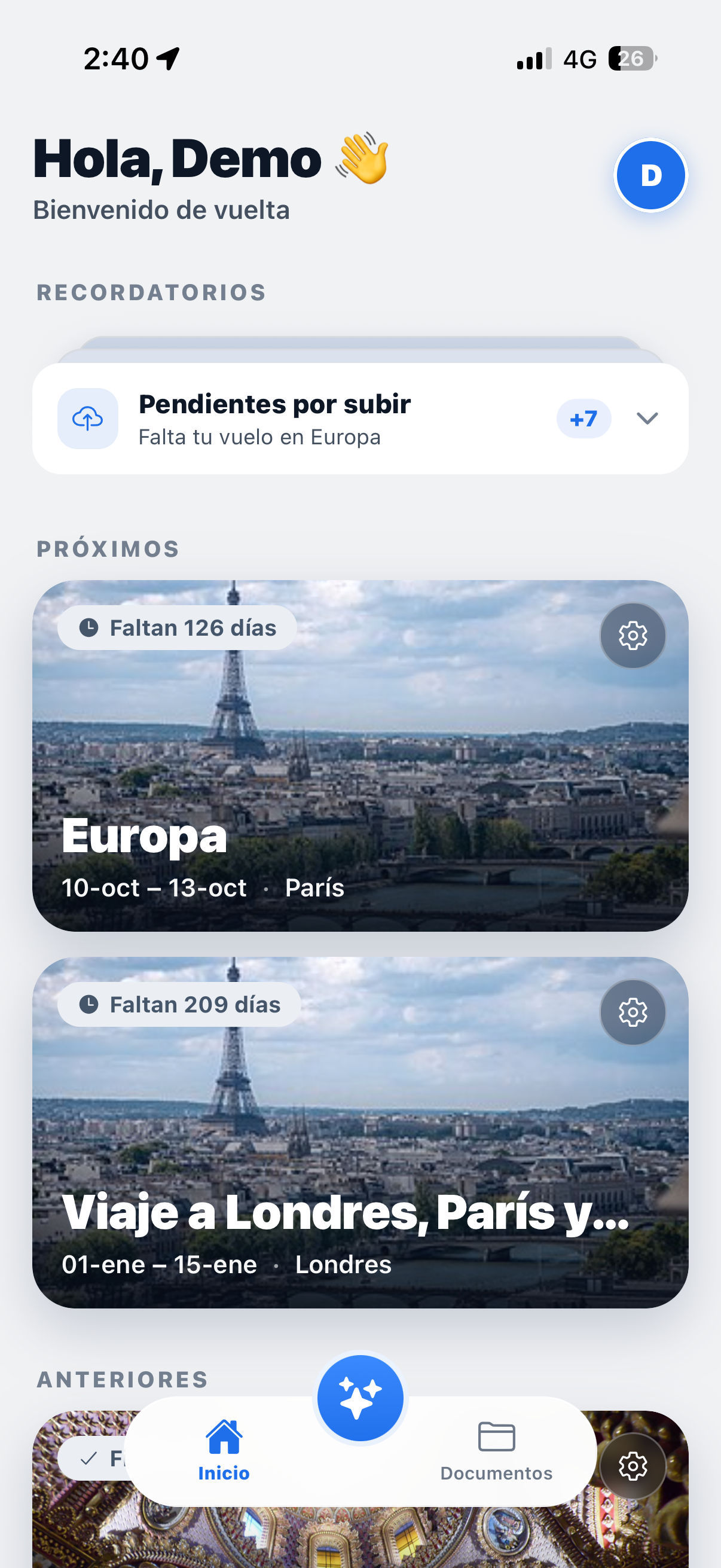 Pantalla de inicio de MyTidyTrip