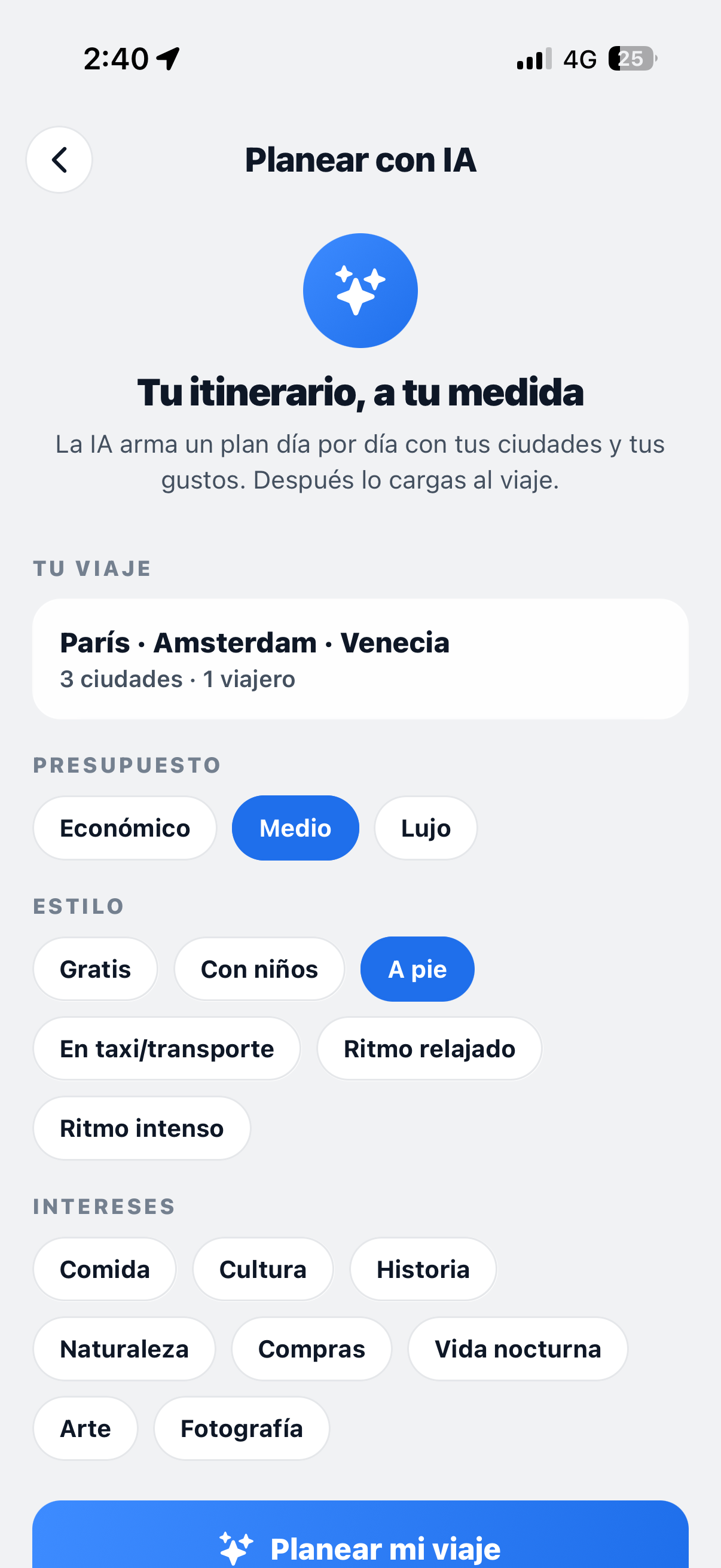 Planeador de viaje con IA